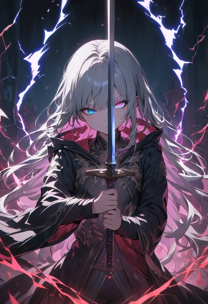 elementary, Shadow Surrounding Girl, lightning, Green Aura, Red aura, Purple aura, Flames surrounding the girl, masterpiece, Dark Theme, Highest quality, Maximum details, Very fine eye, Professional coloring, cinematic lightning, Remaining, Written boundary depth, Backlight, One Girl, Young girl, Silver Hair, Long Hair, Black glowing halo, Shining blue sea, Blue Flame, Fantasy style costumes, Black long coat, shirt, Black trousers, Swinging a thin black long sword, Expressionless, Purple left eye and blue right eye, Odd Eye, Glowing Eyes, Show a close-up of your face