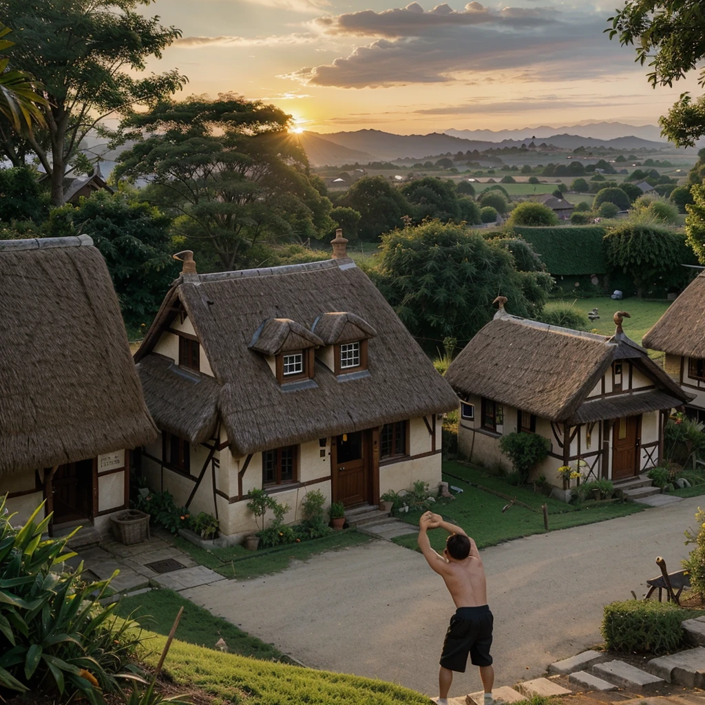 A quaint village at dawn, with roosters crowing, thatched-roof cottages, and the sun rising over green hills. A young boy, Sam, stretching by his bedside with a big yawn