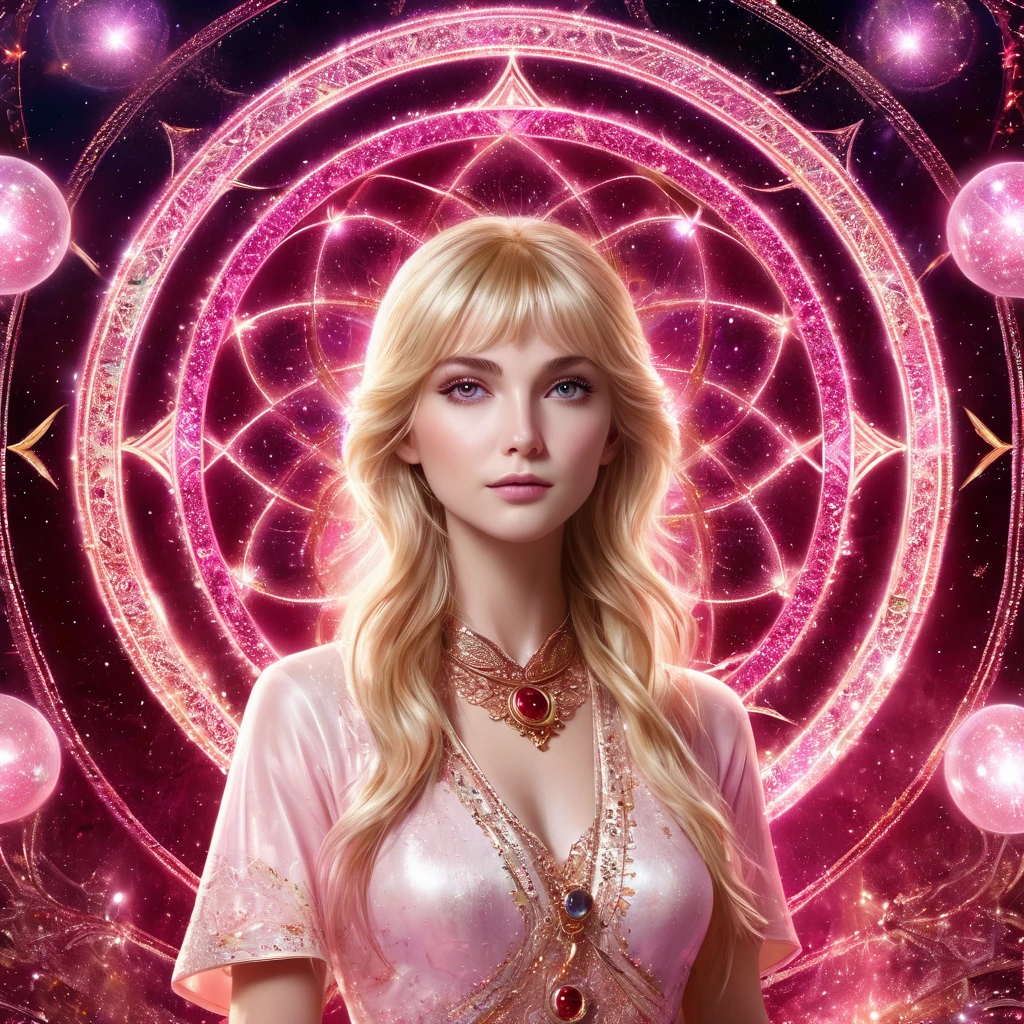 Astrologer, blonde hair, bangs, 1girl, pink eyes, long hair, looking at viewer, red eyes, streaked hair, best quality, masterpiece, high quality, extremely detailed CG unity 8k wallpaper, delicate background, luminous particles, complex details, Sacred geometry, horoscope circle shining, Signs of the zodiac, tarot card,