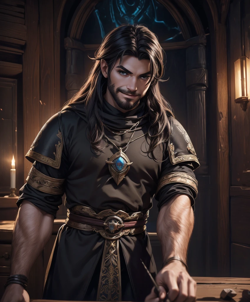 (((Single character image.))) (((1boy)))  (((18 years old.))) (((18yo.))) (((Dressed in medieval fantasy attire.))) (((Dressed in medieval fantasy attire.))) (((Intense, sexy stare.))) (((Beautiful long sexy hair.)))  Looks like a dashing and heroic male adventurer for Dungeons & Dragons. Looks like a very attractive male adventurer for a high fantasy setting. Looks handsome, sexy and appealing. Looks like a handsome and rugged male adventurer for Dungeons & Dragons. Looks like a handsome male for a medieval fantasy setting. Looks like a Dungeons & Dragons adventurer, very cool and masculine hair style, black clothing, handsome, charming smile, adventurer, athletic build, excellent physique, confident, gorgeous face, gorgeous body,  detailed and intricate, fantasy setting,fantasy art, dungeons & dragons, fantasy adventurer, fantasy NPC, attractive male in his mid 20's, ultra detailed, epic masterpiece, ultra detailed, intricate details, digital art, unreal engine, 8k, ultra HD, centered image award winning, fantasy art concept, digital art, centered image, flirty, best quality:1.0,hyperealistic:1.0,photorealistic:1.0,madly detailed CG unity 8k wallpaper:1.0,masterpiece:1.3,madly detailed photo:1.2, hyper-realistic lifelike texture:1.4, picture-perfect:1.0,8k, HQ,best quality:1.0,