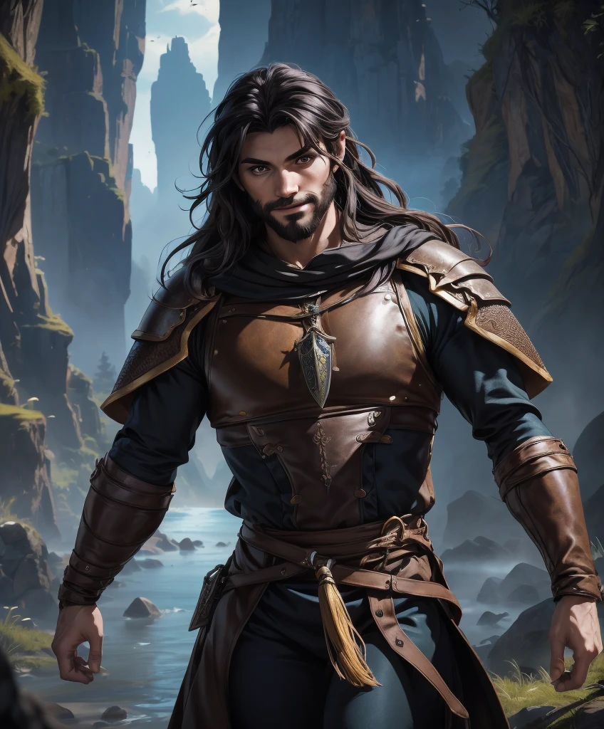 (((Single character image.))) (((1boy))) (((18 years old.))) (((18yo.))) (((Dressed in medieval fantasy attire.))) (((Dressed in medieval fantasy attire.))) (((Intense, sexy stare.))) (((Beautiful long sexy hair.))) Looks like a dashing and heroic male adventurer for Dungeons & Dragons. Looks like a very attractive male adventurer for a high fantasy setting. Looks handsome, sexy and appealing. Looks like a handsome and rugged male adventurer for Dungeons & Dragons. Looks like a handsome male for a medieval fantasy setting. Looks like a Dungeons & Dragons adventurer, very cool and masculine hair style, black clothing, handsome, charming smile, adventurer, athletic build, excellent physique, confident, gorgeous face, gorgeous body, detailed and intricate, fantasy setting,fantasy art, dungeons & dragons, fantasy adventurer, fantasy NPC, attractive male in his mid 20's, ultra detailed, epic masterpiece, ultra detailed, intricate details, digital art, unreal engine, 8k, ultra HD, centered image award winning, fantasy art concept, digital art, centered image, flirty, best quality:1.0,hyperealistic:1.0,photorealistic:1.0,madly detailed CG unity 8k wallpaper:1.0,masterpiece:1.3,madly detailed photo:1.2, hyper-realistic lifelike texture:1.4, picture-perfect:1.0,8k, HQ,best quality:1.0,