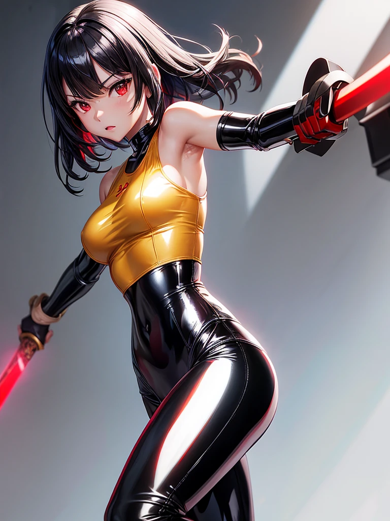 solo girl,Glossy metalic light silver tank top, tight latex shiny, Red interpolation color,Black hair bob,red eyes, camel toe, Samurai Sword,
Lift one leg, sexy lady, โชว์กางเกงใน girl,