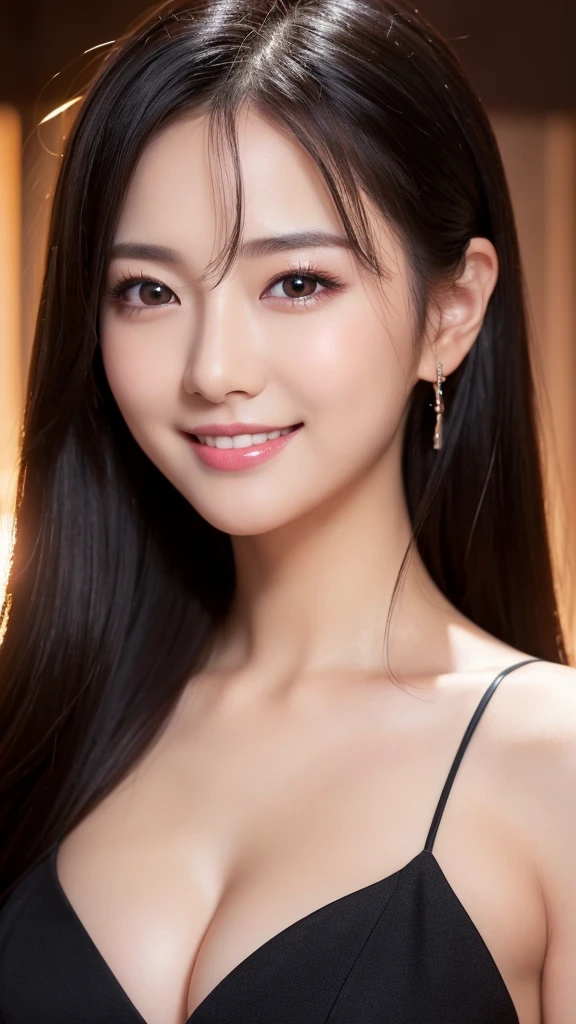 (Super beautiful woman)、((highest quality、8K masterpiece:1.harp focus:1.2、(subeautiful face:1.0)、(shiny skin:1.0)、realistic pictures、black hair、video lighting、High resolution eyes and face、video lighting、japanese actress、from the front、with a happy smile、whole body、