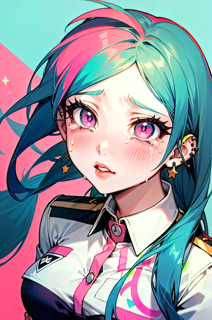 a girl from the danganronpa anime with long turquoise blue hair with green and pink streaks, pink eyes with stars,medium big tits, kibougamine academy uniform, piercings, thick red lips, crying inconsolably 