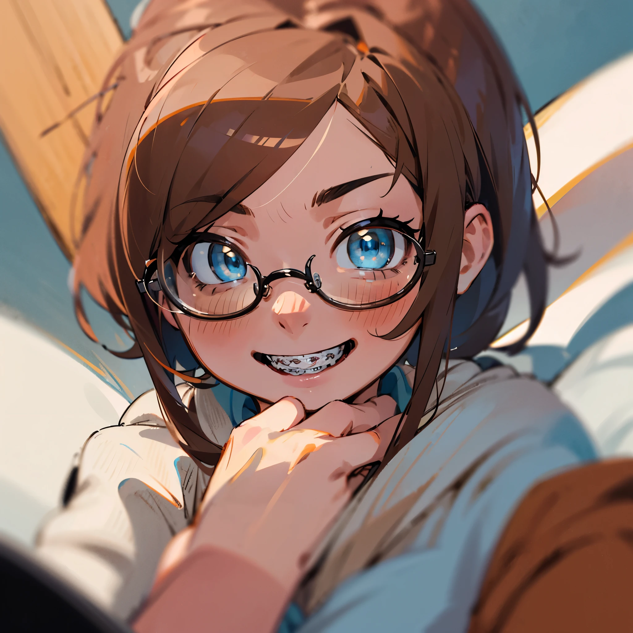 1girl, seductive eyes, braces, glasses, smiling, cute, face focus, blue eyes, blush, brown hair, best quality, masterpiece, highres