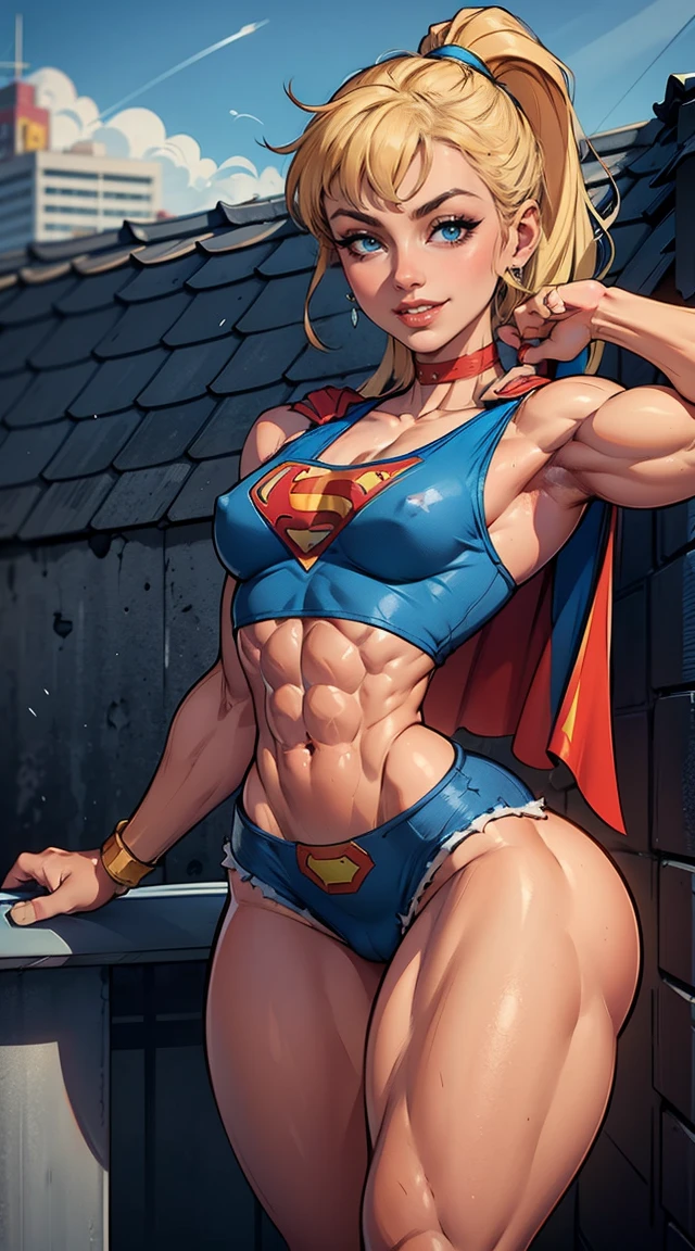 (Muscular:1.9), (thick thighs:1.8),
(blonde female), (supergirl:1.5), (big smile:1.7), (blunt bangs), (ponytail:0.8),
earrings, lipstick, eyeshadow,
(hard nipples), (small breasts:2),
(blue sleeveless tanktop, midriff, speedo, abs:1.9), (small cape:1.3), (choker:1.2), (active pose:1.5),
looking at viewer, three quarter view, (upper body view), sideboob,
(rooftop, skyline background:1.3), rim lighting, two tone lighting, dim lighting, bokeh, detailed skin, detailed eyes
