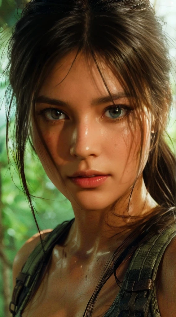 Lara Croft, brown eyes, (best quality, ultra-detailed), (realistic:1.37), beautiful and detailed face, ultra-realistic texture, delicate face, delicate body, red lipstick, bright colors. high definition, 8K, 