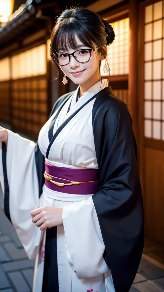 (Super beautiful woman in kimono)、((highest quality、8K masterpiece:1.3))、sharp focus:1.2、(super beautiful face:1.0)、(shiny skin:1.0)、realistic pictures、black hair、video lighting、High resolution eyes and face、video lighting、japanese actress、from the front、big breasts、with a happy smile、Slender abs beauty、whole body、wearing a kimono、in Kyoto、(((luxury obi)))、In Kyoto at night、wearing glasses with no edge、with a fan