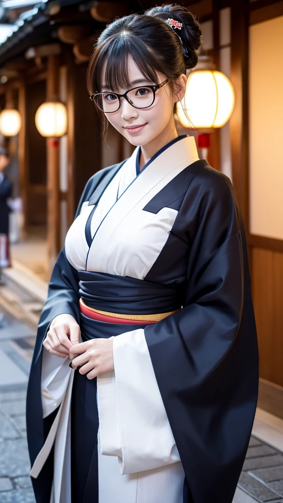 (Super beautiful woman in kimono)、((highest quality、8K masterpiece:1.3))、sharp focus:1.2、(super beautiful face:1.0)、(shiny skin:1.0)、realistic pictures、black hair、video lighting、High resolution eyes and face、video lighting、japanese actress、from the front、big breasts、with a happy smile、Slender abs beauty、whole body、wearing a kimono、in Kyoto、(((luxury obi)))、In Kyoto at night、wearing glasses with no edge、with a fan