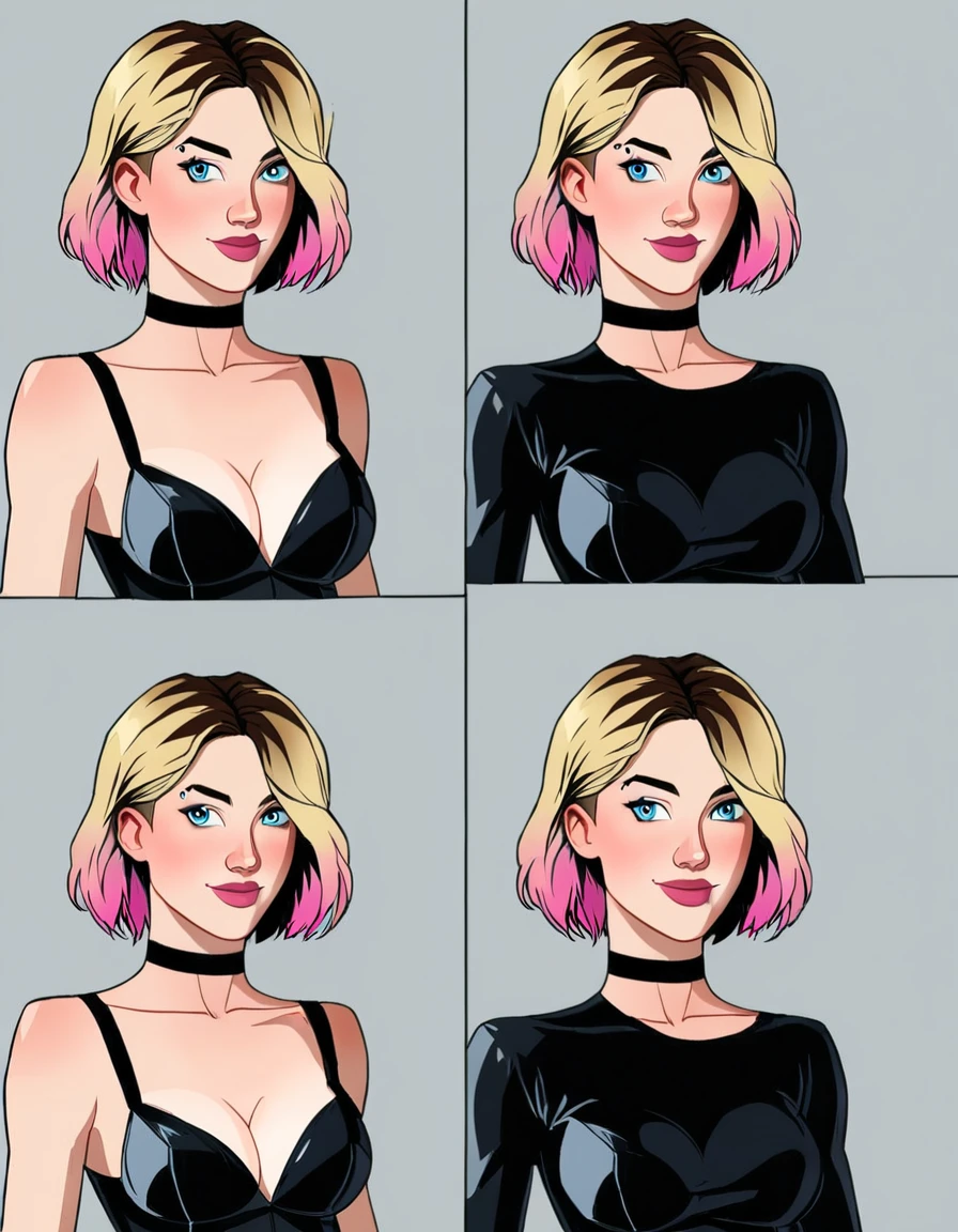 rating_safe, source_cartoon, (high quality, detailed, beautiful), comic storyboard, (short hair Gwen Stacy:1.2), exuding elegance and confidence in (leather bodysuit and choker:1.1). Her flawless complexion and radiant smile captivate the viewer, embodying grace and style. The photo is set in her bedroom where she is (performing sexy poses:1.3). The composition is a high angle shot, showcasing the woman's fashionable ensemble and poised demeanor. Soft, natural lighting highlights her features with a subtle glow.