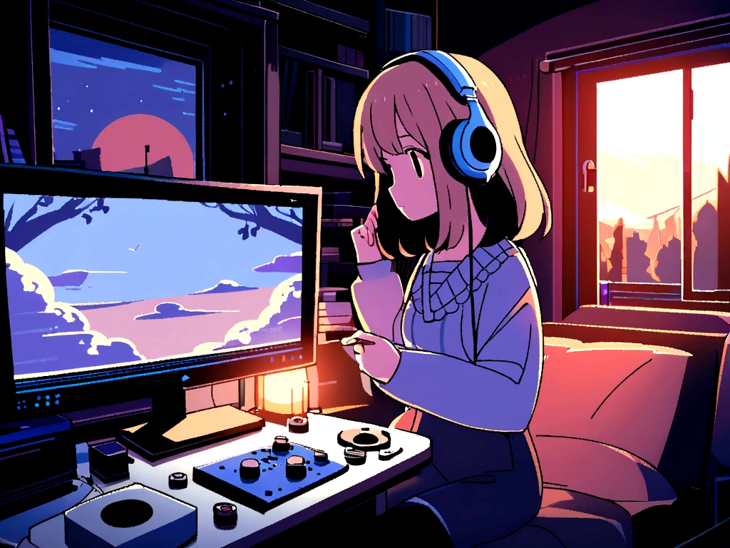 night、Girl listening to music in a cozy room, Using headphones, 2D-style animation, Lo-Fi, High resolution, Dark Environment