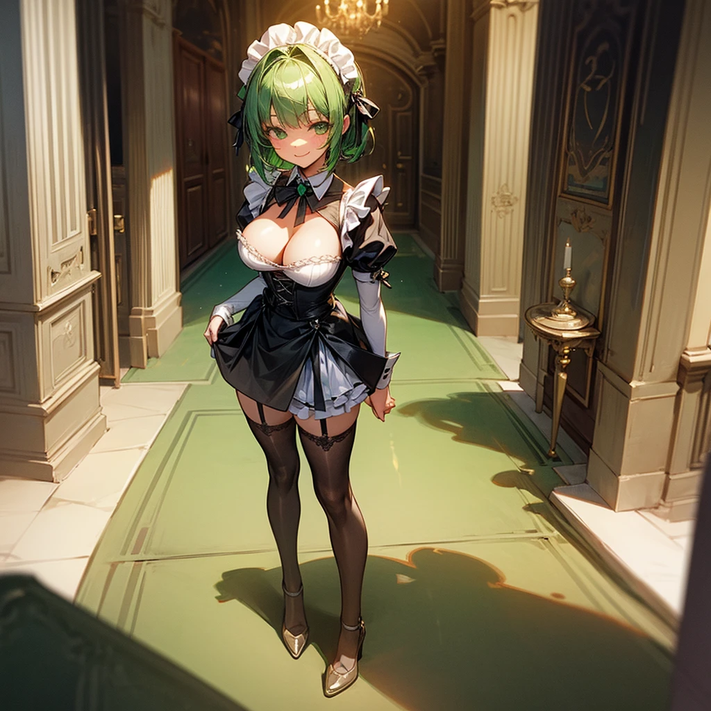 Girl with medium green hair, green eyes, maid costume, neckline, big breasts. Standing and smiling, entrance to the rich mansion, outside, stockings on the legs.