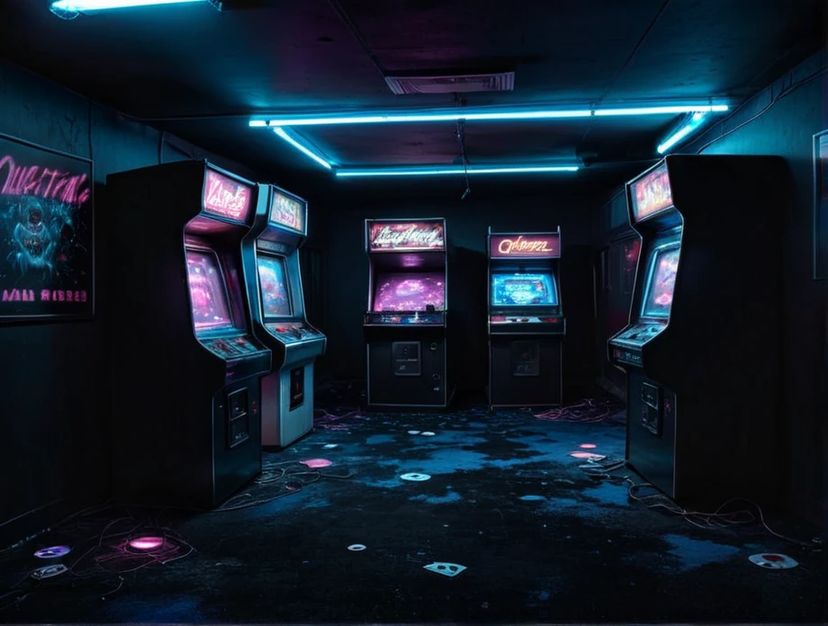 realistic, dark, (art by Mathias Goeritz:1.5), real, atmospheric scene, analog film photo, grim, found footage, LiminalSpace of Empty room with black walls and blue carpets, neon walls and wallpaper with pale pinkcarpet on floor and flat square fluorescent lamps on the ceiling, arcade, game, 2000s, y2k, claw machine, prizes, ticket