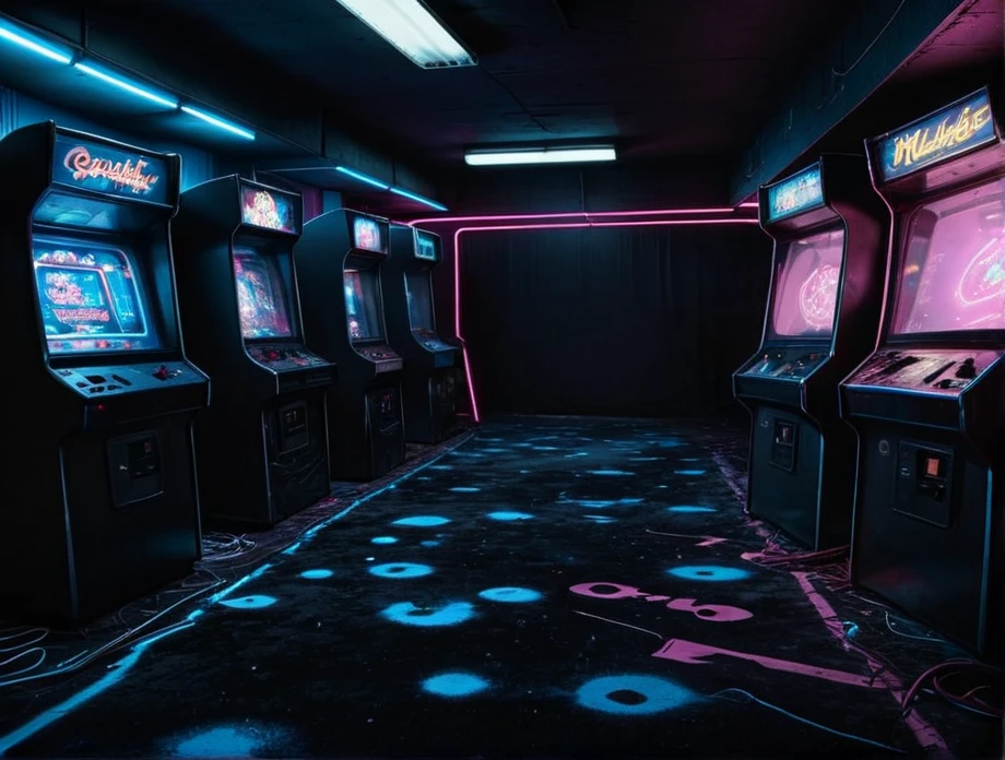 realistic, dark, (art by Mathias Goeritz:1.5), real, atmospheric scene, analog film photo, grim, found footage, LiminalSpace of Empty room with black walls and blue carpets, neon walls and wallpaper with pale pinkcarpet on floor and flat square fluorescent lamps on the ceiling, arcade, game, 2000s, y2k, claw machine, prizes, ticket