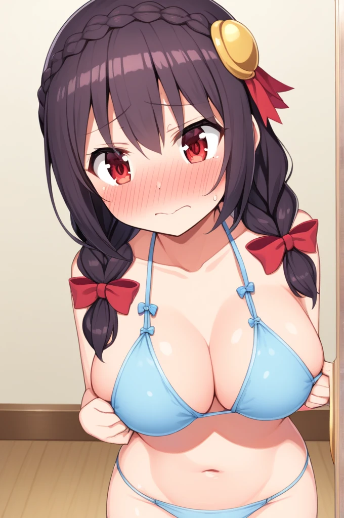 alone, One girl、Crown braids in the same color as your hair, hair ornaments, Hair Ribbon, (Light blue bikini),Red Eyes、Black Hair、(Embarrassed face:1.2)、(blush:1.2)、C cup breasts、Fitting room with mirror