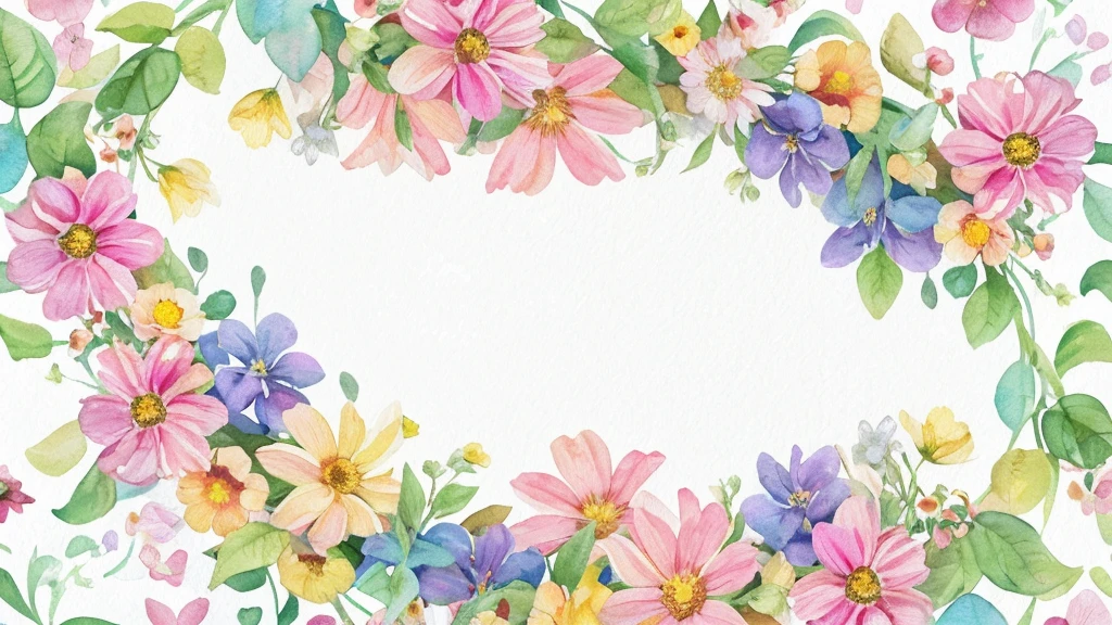 White center background, colorful multicolored flowers, free spirited flower vine, floral background, floral detail, dreamy floral background, floral motif, floral dream, pressed flowers, floral pattern, white background without shadow, watercolor painting, 8k colorful and vibrant flowers in garland