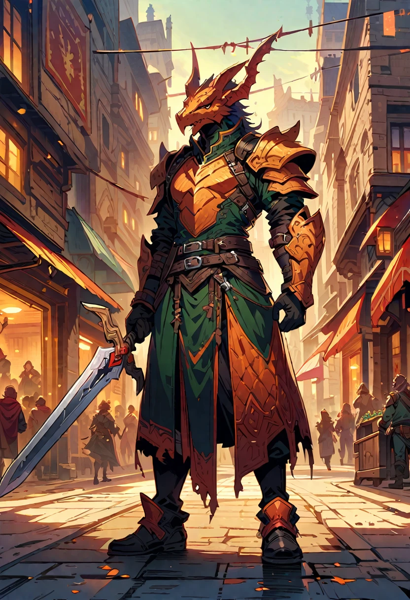 DnD character art, fantasy warrior with dragon head helmet and orange scales holding sword in hand standing on city street, green , black leather gloves, high details, in the style of fantasy.