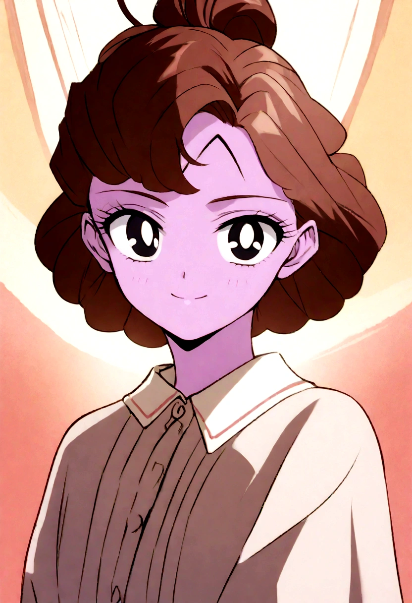 Youma body, pink skin, black eyes, two diamond markings on forehead, short brown hair, 1940's hairstyle, looking at viewer smiling, DD Girl.