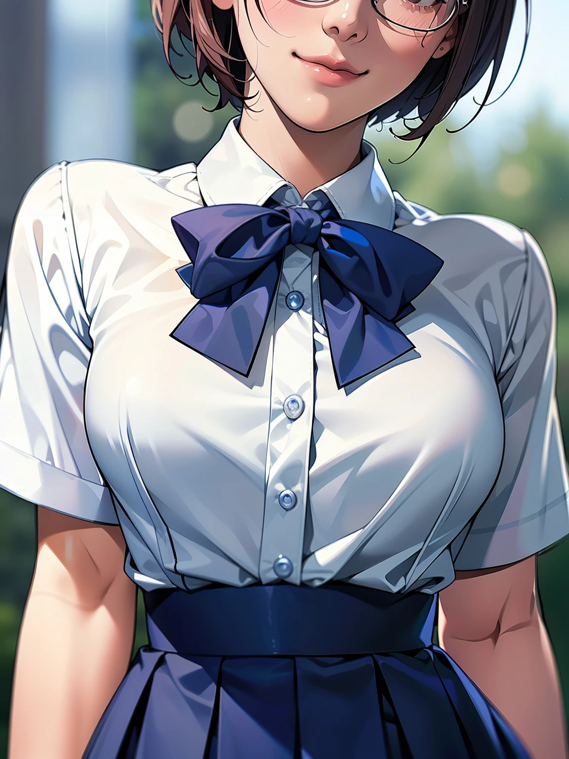 (Highest quality、masterpiece、、Highest quality、Hyperrealism、Ultra HD)、 (A high school girl wearing a white blouse and a navy blue skirt:1.2)、(Navy Pleated Skirt:1.1)、(Red bow tie on chest:1.1)、Perfect Style、Perfect body line、Accentuate your body lines、Large Breasts、Perfect beautiful anime style、Smooth anime CG art、Standing Elegantly、Radiant Skin、Light Skin、(Blurred background of a natural park:1.6)、Embarrassed expression、blush、smile、short hair、Glasses、(Close-up of face:1.4)