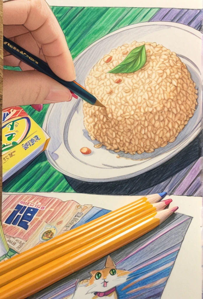 Cat holding rice ball 、art,advertisement,Colored pencil drawing,draft ,Comic Collage