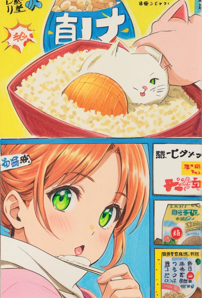 Cat holding rice ball 、art，advertisement，Colored pencil drawing，draft ，Comic Collage