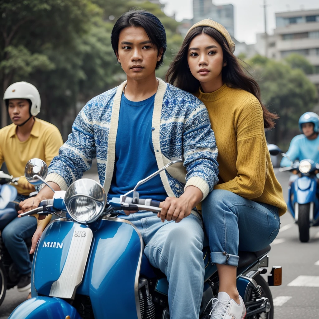 an Indonesian man, short hair, wearing a blue t-shirt and retro patterned jacket color is blue, wearing blue jeans, wearing white shoes, and an asian woman long hair, wearing yellow sweater, black jean adn whit shoes, riding a shiny blur color motorbike, wearing a classic shiny white helmet, urban background, HD quality