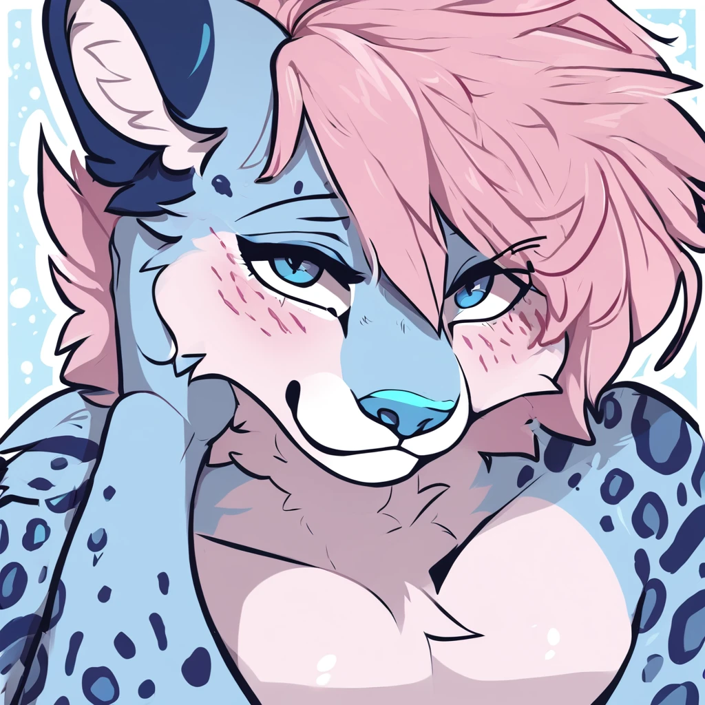 adult, feline, mammal, anthro, anthropomorphic, snow_leopard, striped, fur, striped_feline, fur, furred_anthro, femboy, male, light_pink, fluffy, long_tail, blue_nose, expressive eyes, feline_ears, pink_hair, blue_fur, light_blue_chest, shy, small_pupils, spotted_pattern, stripes, digital_art, high_resolution, high_res, hand-drawn, pencil_lines, head_visible, background, neck_visible, seductive_face, blue_galaxy_background, white_outline, detailed_line_work, profile_picture, head_visible, lying_down, paws, legs