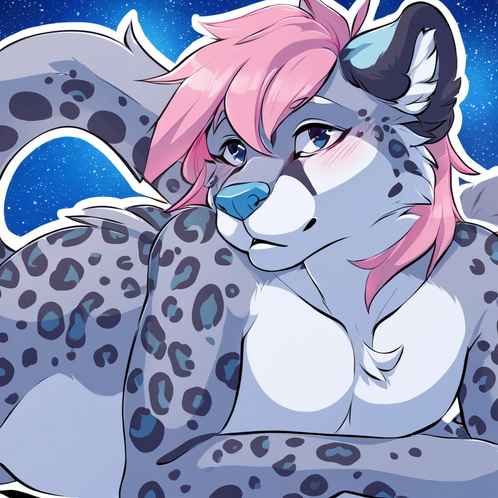 adult, feline, mammal, anthro, anthropomorphic, snow_leopard, striped, fur, striped_feline, fur, furred_anthro, femboy, male, light_pink, fluffy, long_tail, blue_nose, expressive eyes, feline_ears, pink_hair, blue_fur, light_blue_chest, shy, small_pupils, spotted_pattern, stripes, digital_art, high_resolution, high_res, hand-drawn, pencil_lines, head_visible, background, neck_visible, seductive_face, blue_galaxy_background, white_outline, detailed_line_work, profile_picture, head_visible, lying_down, paws, legs