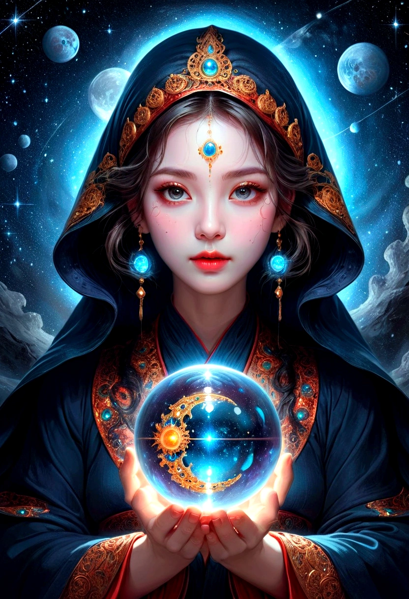 1girl, Astrologer, A beautiful astrologer woman, detailed intricate face, piercing eyes, full lips, long eyelashes, elegant mystical expression, flowing robe, holding crystal ball, starry cosmic background, dramatic lighting, digital art, highly detailed, 8K, masterpiece, best quality, very aesthetic, absurdres
