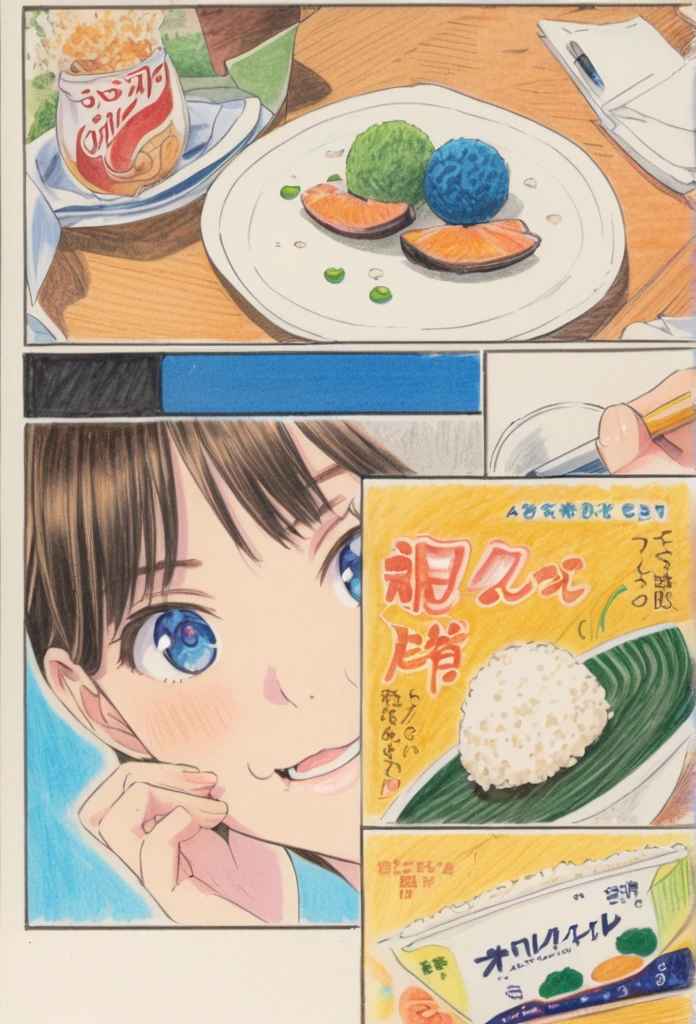 Cat eating rice ball 、art,advertisement,Colored pencil drawing,draft ,Comic Collage