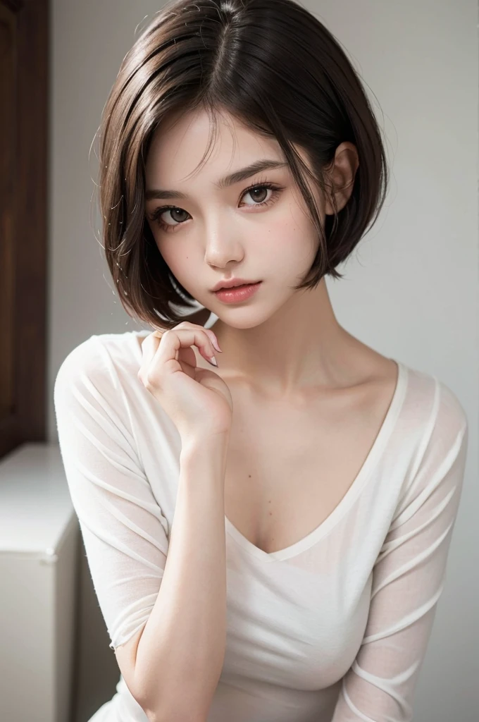 Create an image of a young woman with a short bob haircut, characterized by a sleek and slightly tousled appearance. Her hair color is a soft brown with subtle highlights, and she has long, wispy bangs that frame her face delicately. She has a youthful, fresh look with minimal makeup, giving her a natural and radiant complexion. The background is plain and white, emphasizing her features. She wears a simple, white shirt that adds to the clean and effortless style of the image. One of her hands, with neatly manicured nails, is gently touching her cheek, adding a soft and thoughtful expression to her face.