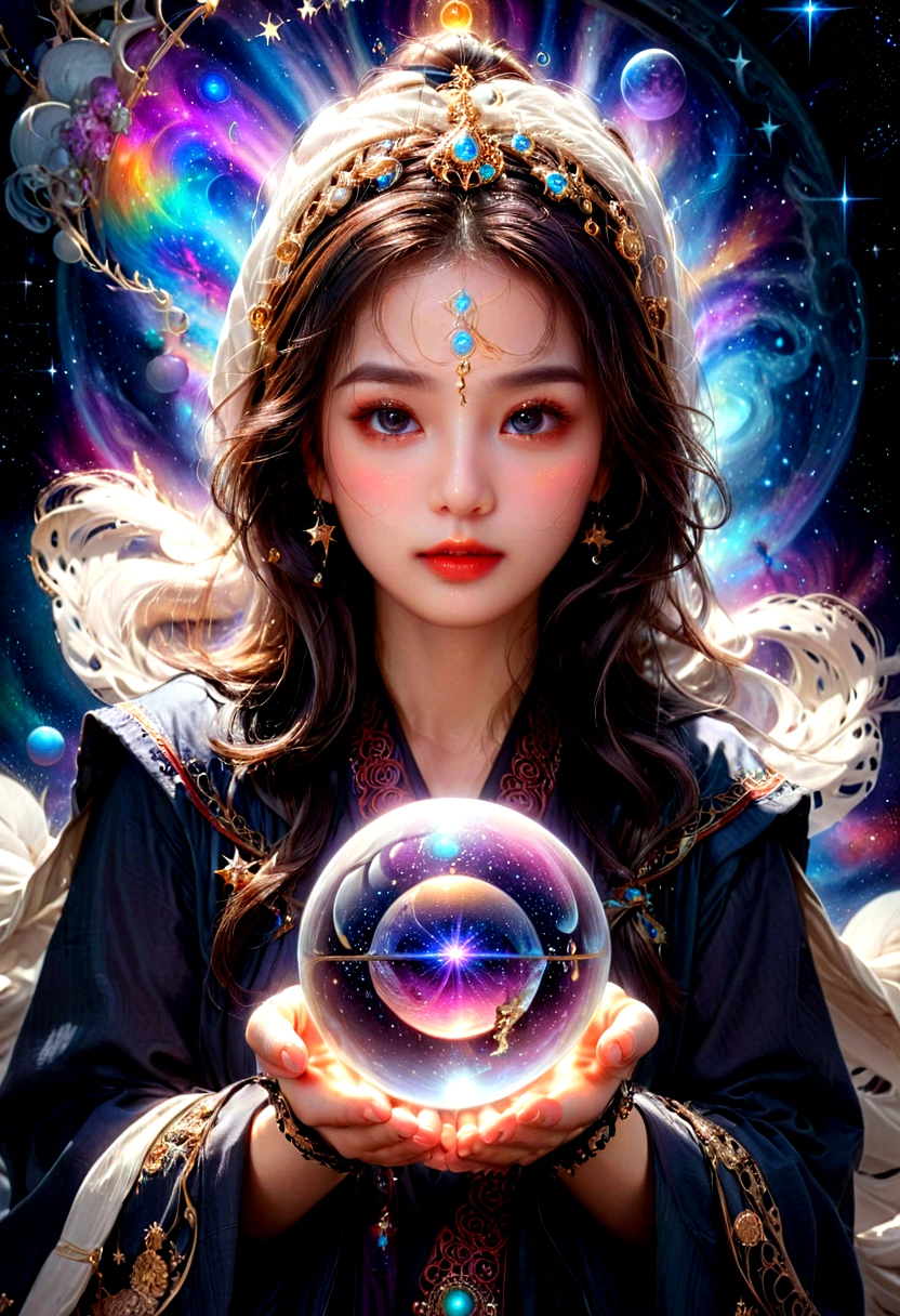 1girl, Astrologer, A beautiful astrologer woman, detailed intricate face, piercing eyes, full lips, long eyelashes, elegant mystical expression, flowing robe, holding crystal ball, starry cosmic background, dramatic lighting, digital art, highly detailed, 8K, masterpiece, best quality, very aesthetic, absurdres