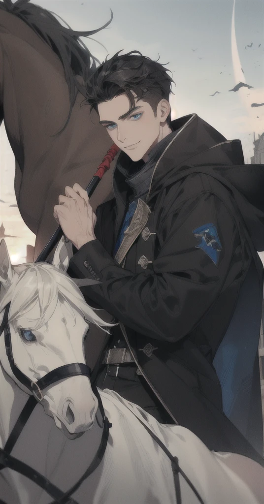 Masterpiece, best quality, very detailed, illustration,Masterpiece, Highest quality, war, cold weather, realistic, 1 person, mature man, A quiet and charming young man., 30 years old, ride a horse,on horseback, Portrait, Highly detailed face, cool and smile, ((blue eyes)), ((black short hair)), [Thick eyebrows], holding a crescent repeater,holding a lance in hand, Lipo repeater, ((black long coat)), ((all black)), (blue eyes) ,Short Black Quiff Hair with Soft Fringe, handsome , muscle, Facial expressions, Black Knight Armor , black wool shawl(Masterpiece,best quality,special, (Broad shoulders)) (muscle), focus man,ride a horse,holding a halberd to pierce the sky, His black spear rose.., . Describe the man.&#39;Appearance., Details of his sword, Characteristics and characteristics of monsters, and convey the tension and power of the encounter..."