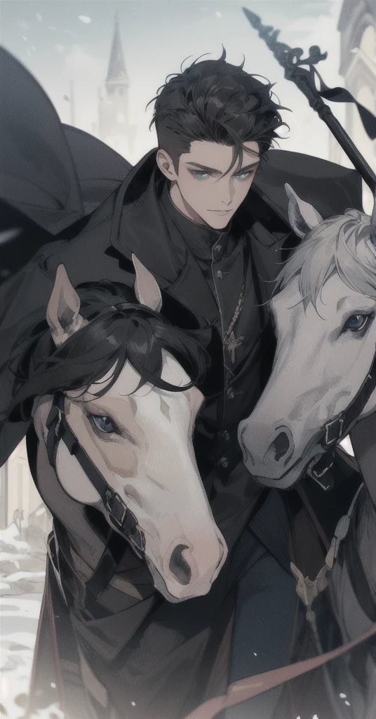 Masterpiece, best quality, very detailed, illustration,Masterpiece, Highest quality, war, cold weather, realistic, 1 person, mature man, A quiet and charming young man., 30 years old, ride a horse,on horseback, Portrait, Highly detailed face, cool and smile, ((blue eyes)), ((black short hair)), [Thick eyebrows], holding a crescent repeater,holding a lance in hand, Lipo repeater, ((black long coat)), ((all black)), (blue eyes) ,Short Black Quiff Hair with Soft Fringe, handsome , muscle, Facial expressions, Black Knight Armor , black wool shawl(Masterpiece,best quality,special, (Broad shoulders)) (muscle), focus man,ride a horse,holding a halberd to pierce the sky, His black spear rose.., . Describe the man.&#39;Appearance., Details of his sword, Characteristics and characteristics of monsters, and convey the tension and power of the encounter..."