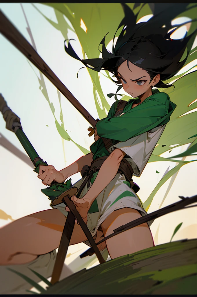 Best image quality, threaten, Holding a spear, primitive, Spread your legs, Primary forest, In underwear, ""Primitive clothing"", woman, Black Hair, paint