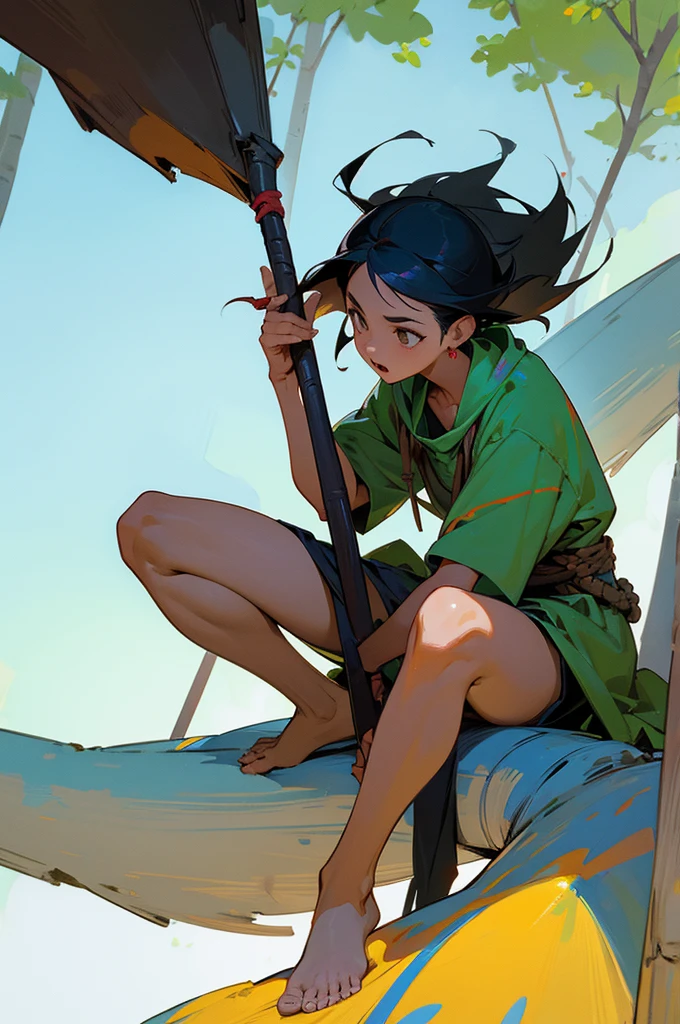 Best image quality, threaten, Holding a spear, primitive, Spread your legs, Primary forest, In underwear, ""Primitive clothing"", woman, Black Hair, paint