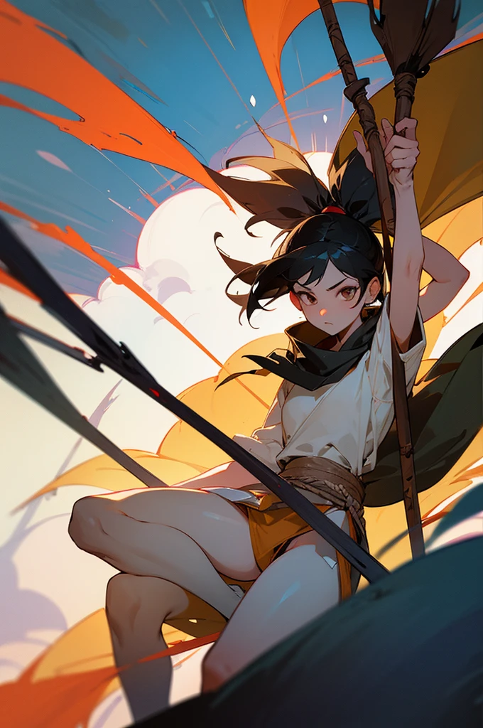 Best image quality, threaten, Holding a spear, primitive, Spread your legs, Primary forest, In underwear, ""Primitive clothing"", woman, Black Hair, paint