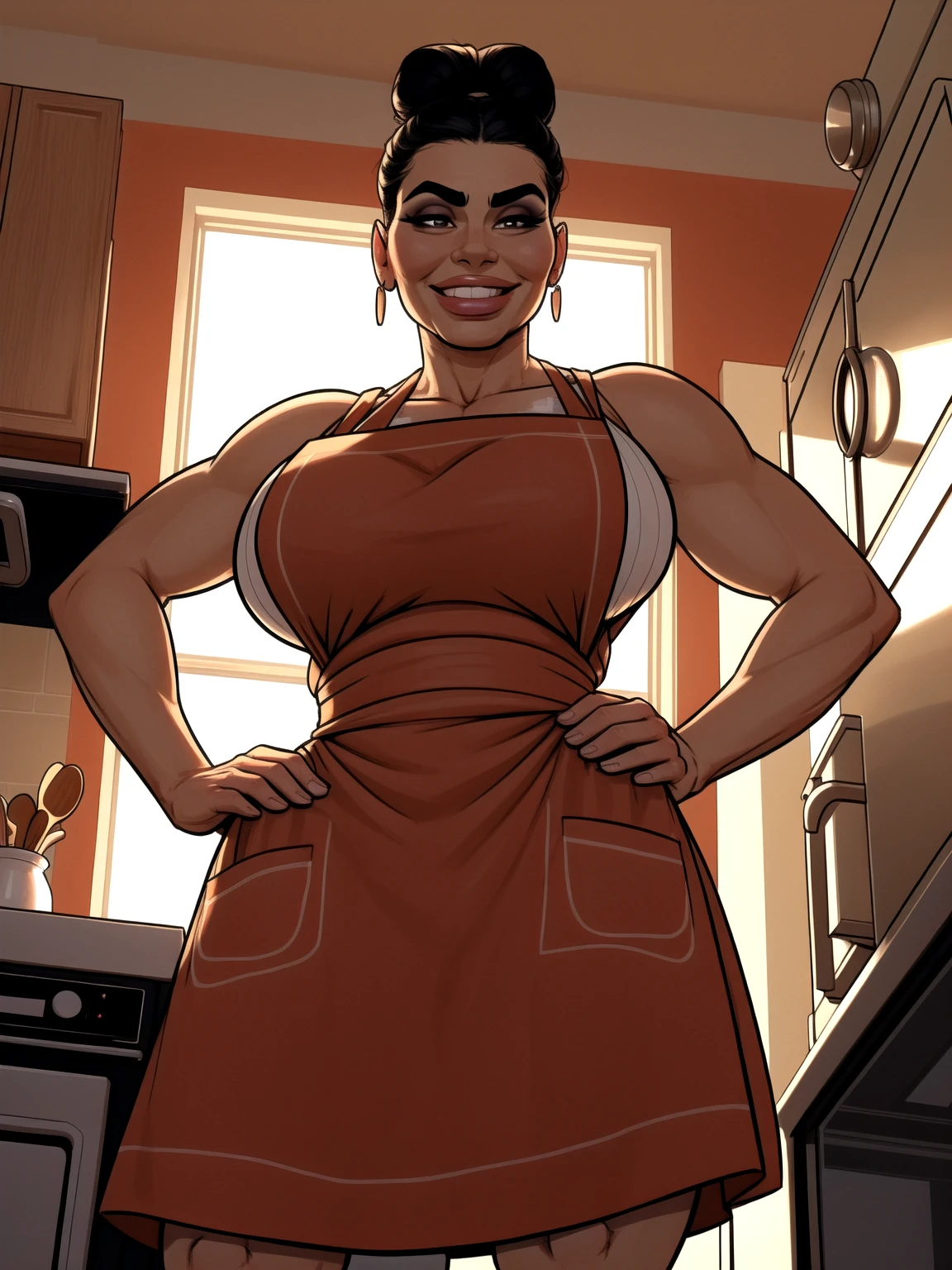 mature woman, solo, 1woman, retro, wearing dress and apron, standing in kitchen, modern kitchen, (huge breasts:1.1), muscular, black hair, updo, hair bun, makeup, looking down at viewer, hands on hips, (from below:1.3), (extremely low angle:1.2), smiling, incase