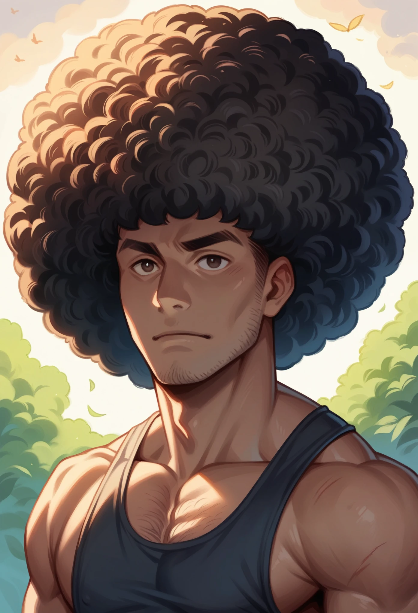Cartoon of a man with afro hair and a tank top, Epic portrait illustration, Black man with afro hair, Character Portraits, Digital illustration style, detailed. Digital Painting, High-quality portraits, Close-up character portraits, detailed character portrait, epic digital art illustration, highly detailed character, Wakanda, T&#39;Challa, Stylized portrait, Character Art Portraits, Marvel Comics, DC Comics.