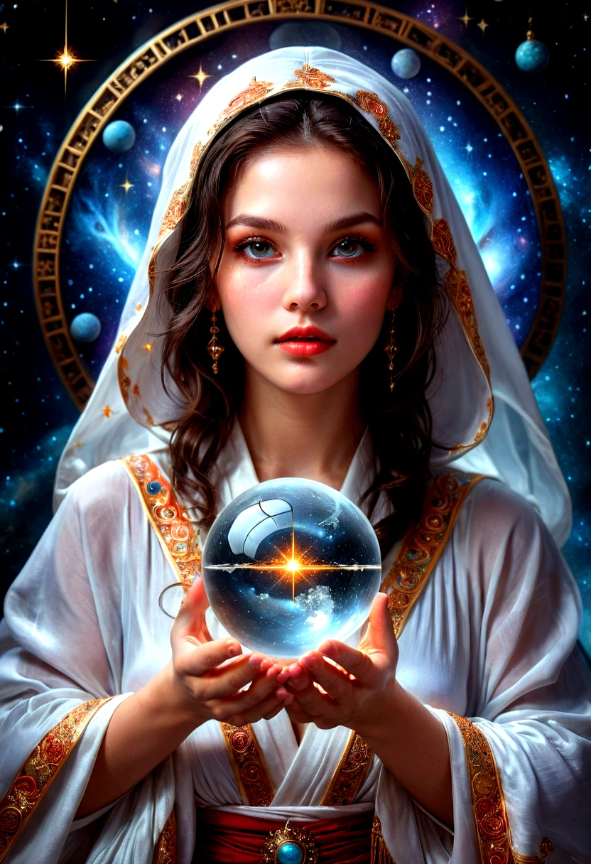 1girl, Astrologer, A beautiful astrologer woman, detailed intricate face, piercing eyes, full lips, long eyelashes, elegant mystical expression, flowing robe, holding crystal ball, starry cosmic background, dramatic lighting, digital art, highly detailed, 8K, masterpiece, best quality, very aesthetic, absurdres