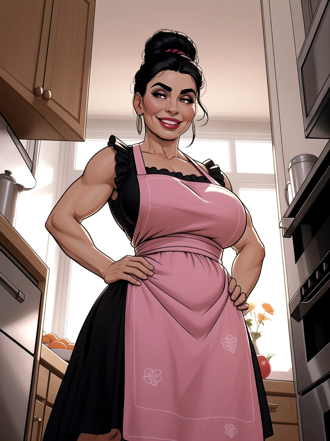 One,1 mature maid,wet cameltoe,(behind),sweating body,just hips,((Take a broom)),(public hair under apron), naked white apron ,((dark skin)),trending on artstation, complex parts, very detailed,, complex parts лица,Curvy physique, fat body,((mature woman)),in the kitchen,bright, 4K, complex parts, big breasts are charming, Professional Production, resolution 12k,(Seductive smile),black hair (((porn)))