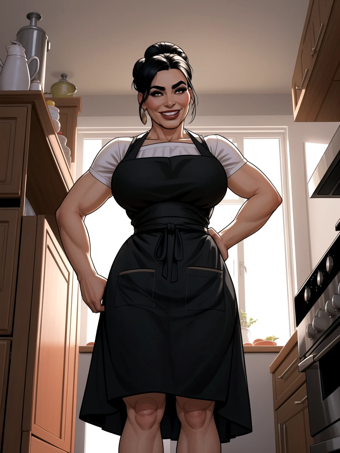mature woman, solo, 1woman, retro, wearing dress and apron, standing in kitchen, modern kitchen, (huge breasts:1.1), muscular, black hair, updo, hair bun, makeup, looking down at viewer, hands on hips, (from below:1.3), (extremely low angle:1.2), smiling, incase