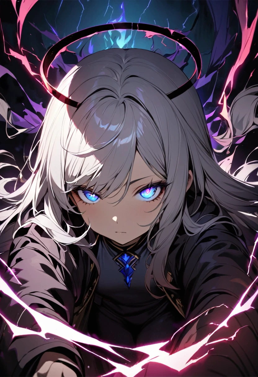 elementary, Shadow Surrounding Girl, lightning, Green Aura, Red aura, Purple aura, Flames surrounding the girl, masterpiece, Dark Theme, Highest quality, Maximum details, Very fine eye, Professional coloring, cinematic lightning, Remaining, Written boundary depth, Backlight, One Girl, Young girl, Silver Hair, Long Hair, Black glowing halo, Shining blue sea, Blue Flame, Magic Feather, Fantasy-inspired costumes, Black long coat, shirt, Black trousers, Swinging a thin black long sword, Expressionless, Purple left eye and blue right eye, Odd Eye, Glowing Eyes, Show a close-up of your face