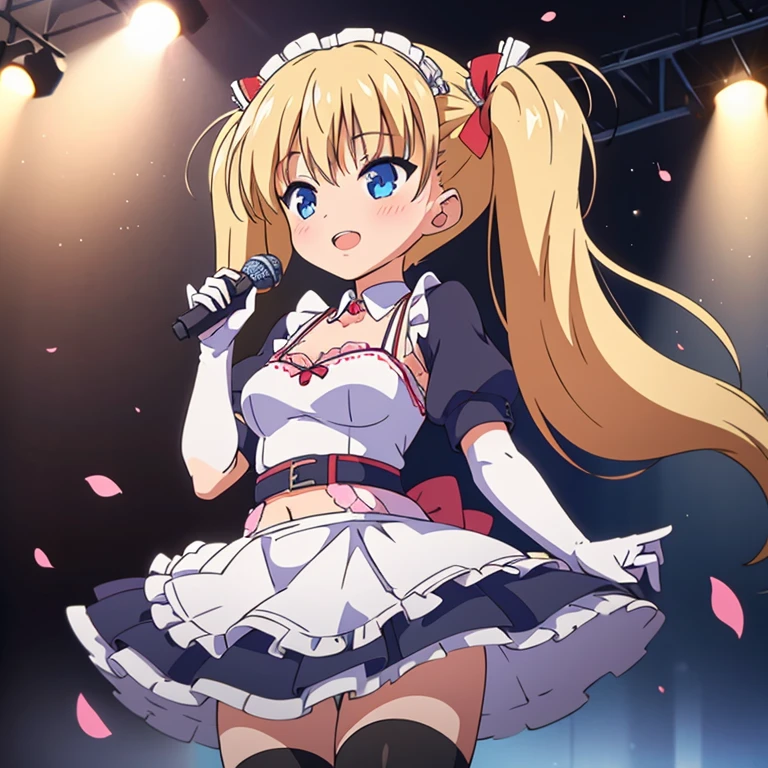 MLTD bg style, (best quality, 8K, masterpiece, HDR, ultra detailed:1.2), cinematic angle, (light particles, sparkle), lens flare, depth of field, bokeh, 
1girl, white gloves, open mouth, microphone, short puffy sleeves, glowstick, smile, petals, maid headdress, frills, blush, solo, stage, white thighhighs, belt, hair bow, hair ribbon, medium breasts, idol, upper teeth only, looking away, aqua bow, frilled skirt, hair ornament, frilled dress, audience, solo focus, concert, zettai ryouiki, spotlight, stage lights, shiny hair, looking afar, buckle, belt buckle, elbow gloves, wing collar, jewelry, petticoat, navel,  black, hair, 