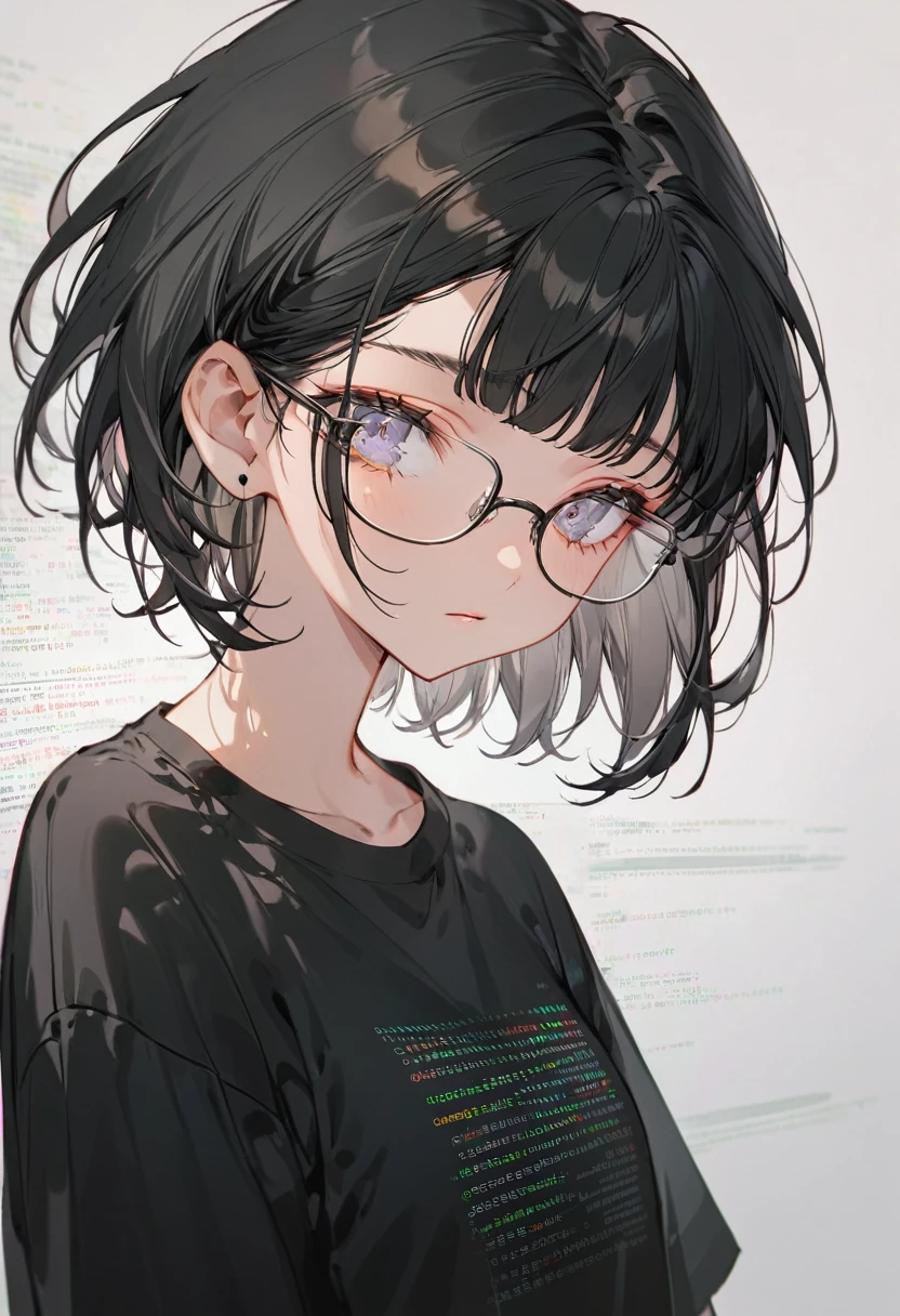 Boyish beautiful girl,Black very short hair,Black hair bangs, Wearing an oversized black T-shirt,Wearing glasses,Background is programming code,Close up of face,