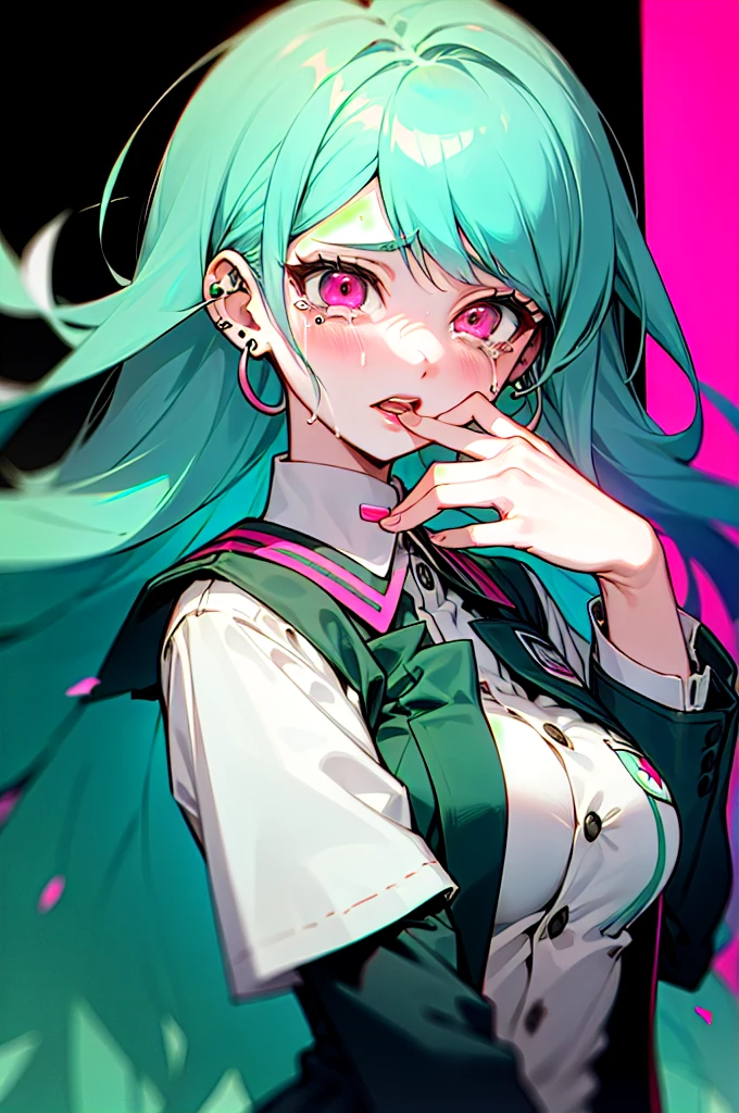 a girl from the danganronpa anime with long turquoise blue hair with green and pink streaks, pink eyes with stars,medium big tits, kibougamine academy uniform, piercings, thick red lips, crying inconsolably and screaming