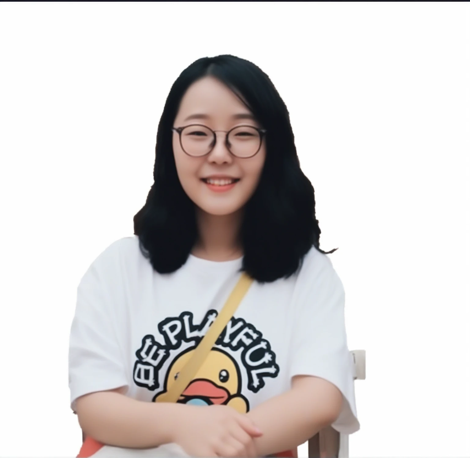A girl,Black hair,wear glasses,Smile,White T-shirt,portrait,Q version,cute。