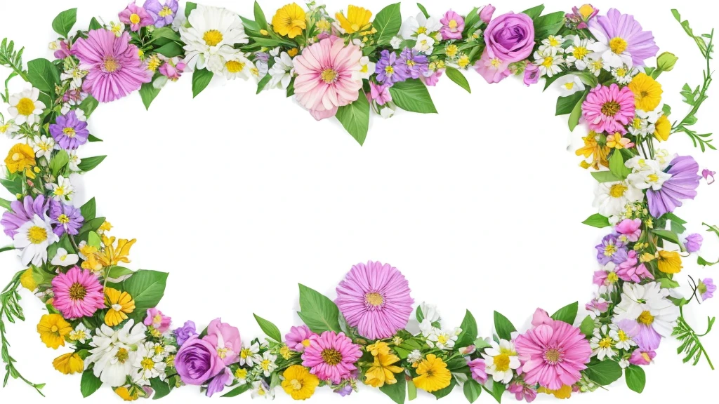 White background in the center、Colorful multicolored flowers, Bohemian Flower Vine, Floral Background, flower details, 夢のようなFloral Background, floral motif, Dreams of flowers, pressed flower, Floral, White background without shadows, 8K、Colorful and vibrant flowers arranged in an oval wreath