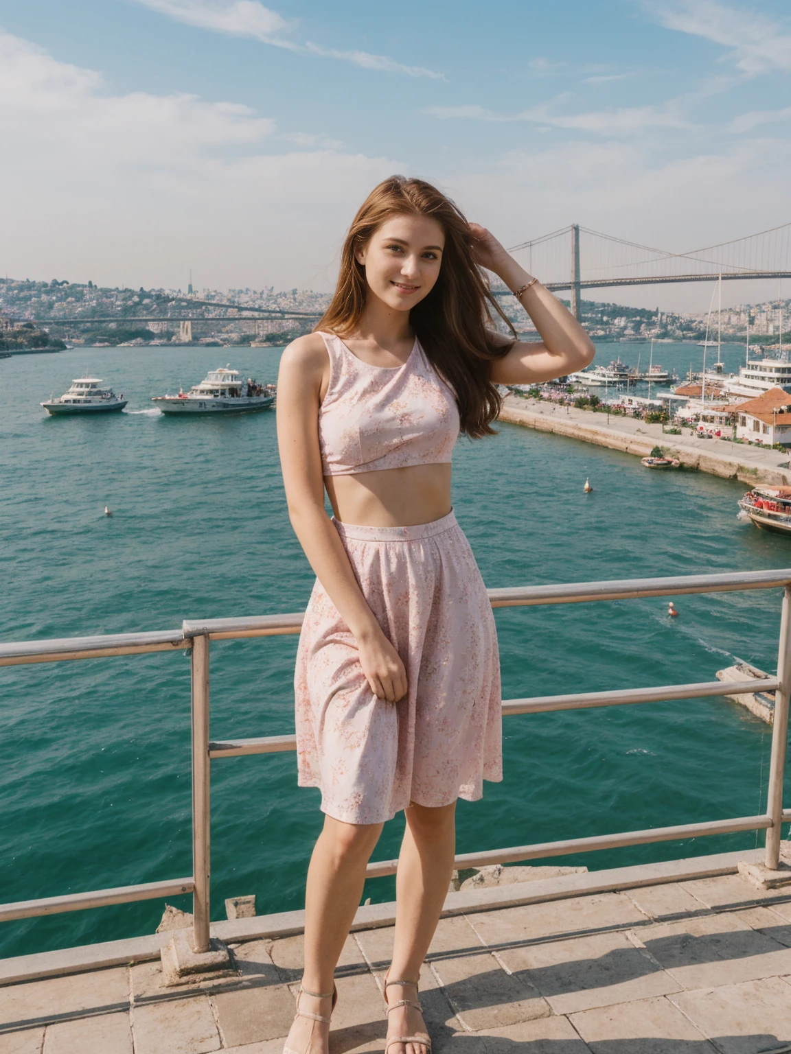 her name is Annie, high quality, 1girl, ((20-year-old fit Caucasian woman)), ((20 years old)), ((fit)) ((thin belly, medium breasts)) auburn long hair, pose: standing, wearing pastel purple colored unique g gen Z modern wear, BACKGROUND: Lived between Europe and Asia in Istanbul, with its ancient mosques, bustling bazaars, and breathtaking views of the Bosphorus.