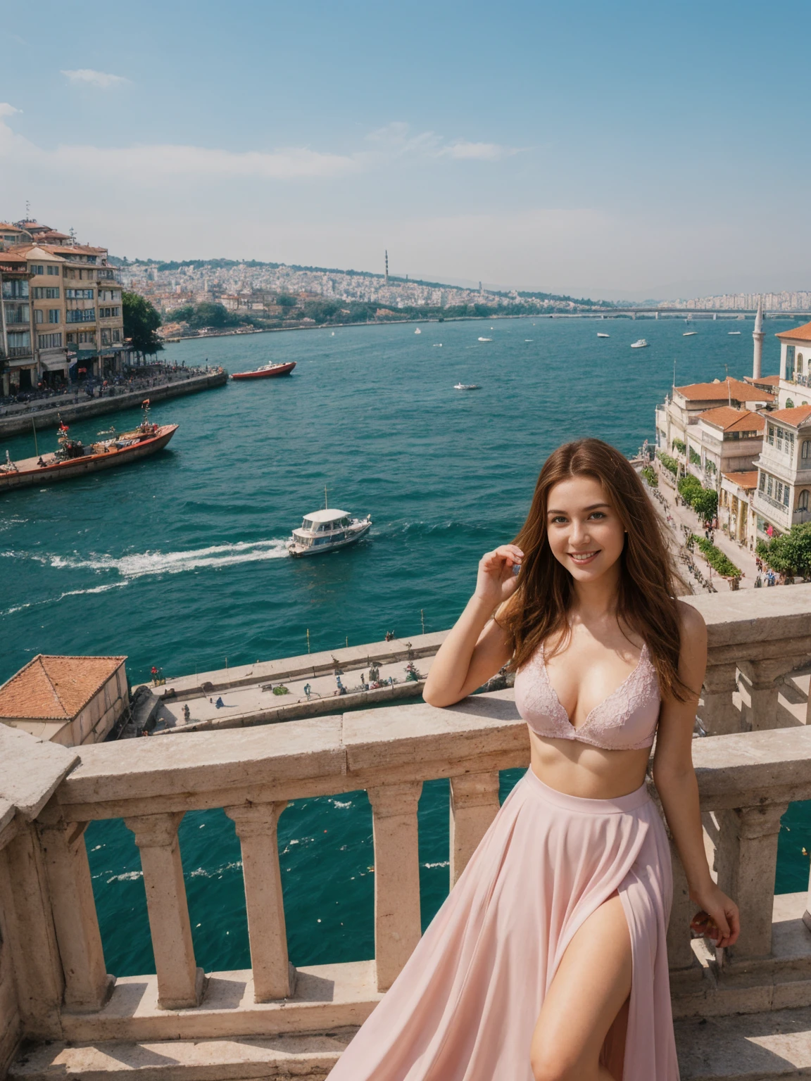 her name is Annie, high quality, 1girl, ((20-year-old fit Caucasian woman)), ((20 years old)), ((fit)) ((thin belly, medium breasts)) auburn long hair, pose: standing, wearing pastel purple colored unique g gen Z modern wear, BACKGROUND: Lived between Europe and Asia in Istanbul, with its ancient mosques, bustling bazaars, and breathtaking views of the Bosphorus.